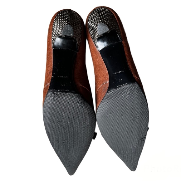 Prada Kitten Heels, Brown, Black Bow Accents, Metal Heel, Crocodile Toe, Size 41 - Picture 4 of 9